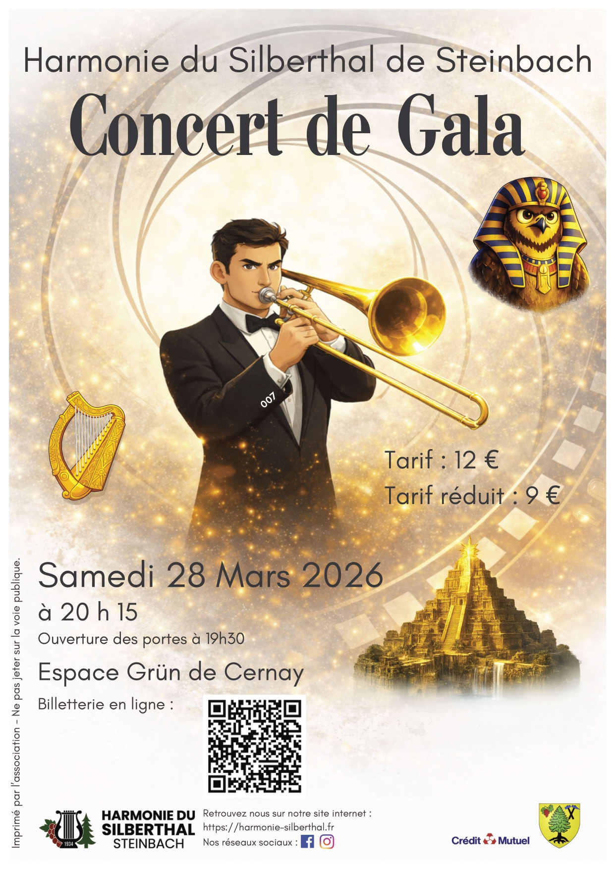 Concert de Gala de l'Harmonie du Silberthal le 28/03/26 à l'Espace Grün de Cernay On y voit un muscien avec un trombonne, une pyramide Inca, une harpe et un hibou en pharaon