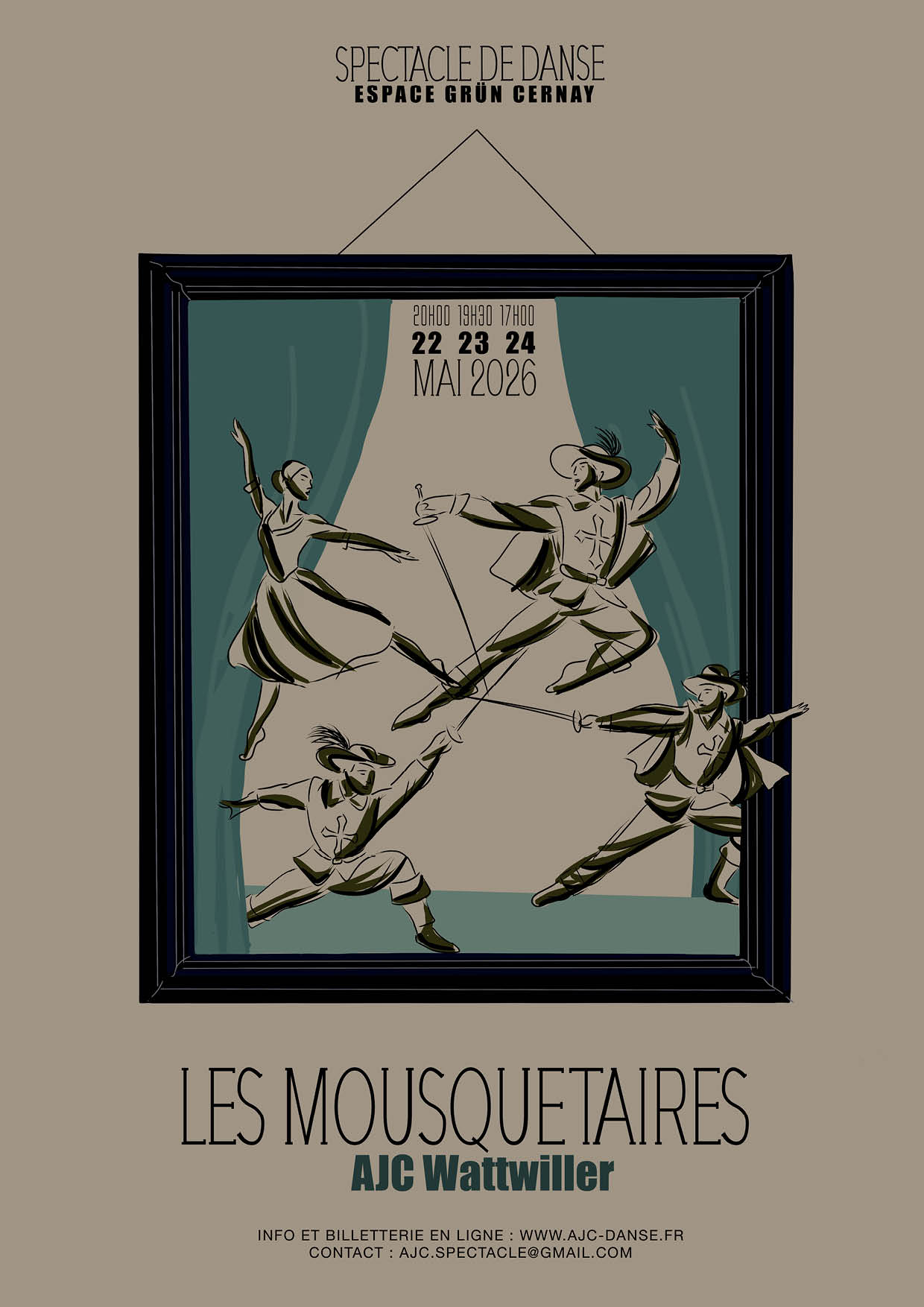 On y voit trois mousquetaires et une danseuse dans un cadre.