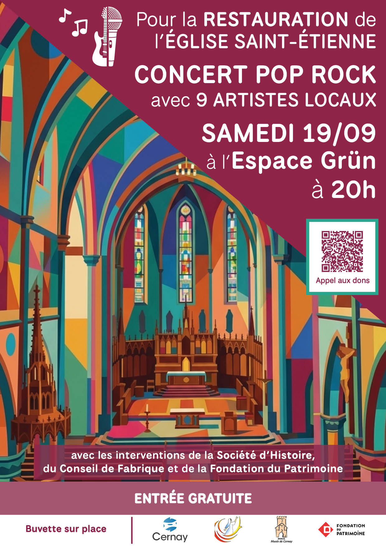 Affiche concert pop rock pour la restauration de l'église On y voit une église en arrière-plan avec les informations de l'évènement en blanc
