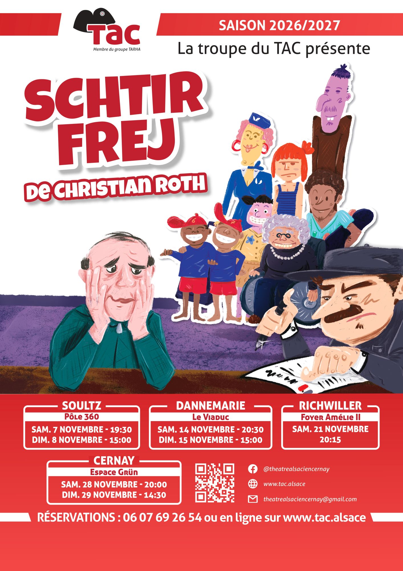 On y voit les informations sur le th&eacute;&acirc;tre en alsacien en rouge et blanc avec des personnages au milieu sur un fond blanc