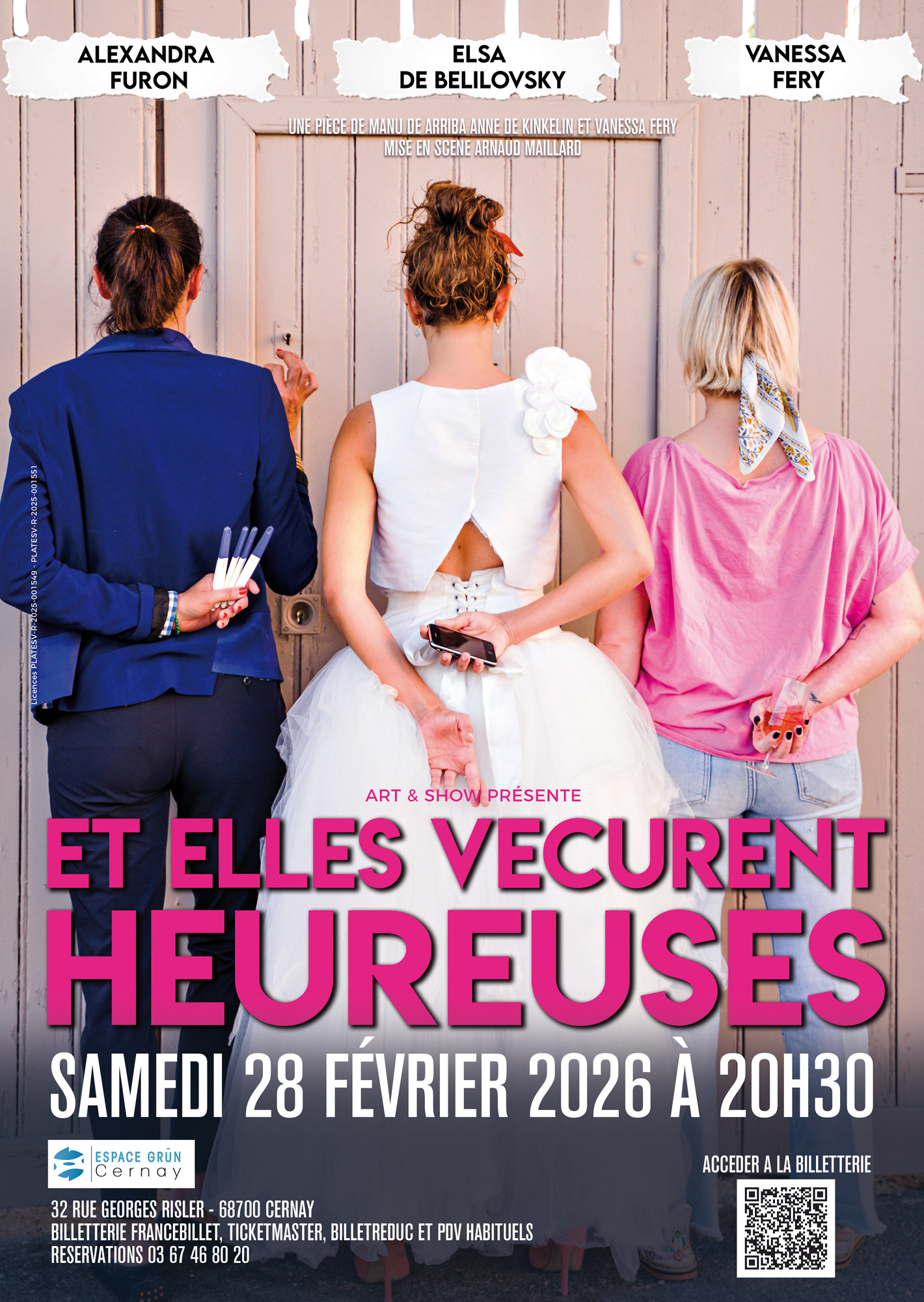 Pièce Et elles vécurent heureuses le 28-02-26 à l'Espace Grün de Cernay à 20h30 On y voit trois femmes de dos, une avec un costume, une en robe de mariée, une en vêtement décontracté