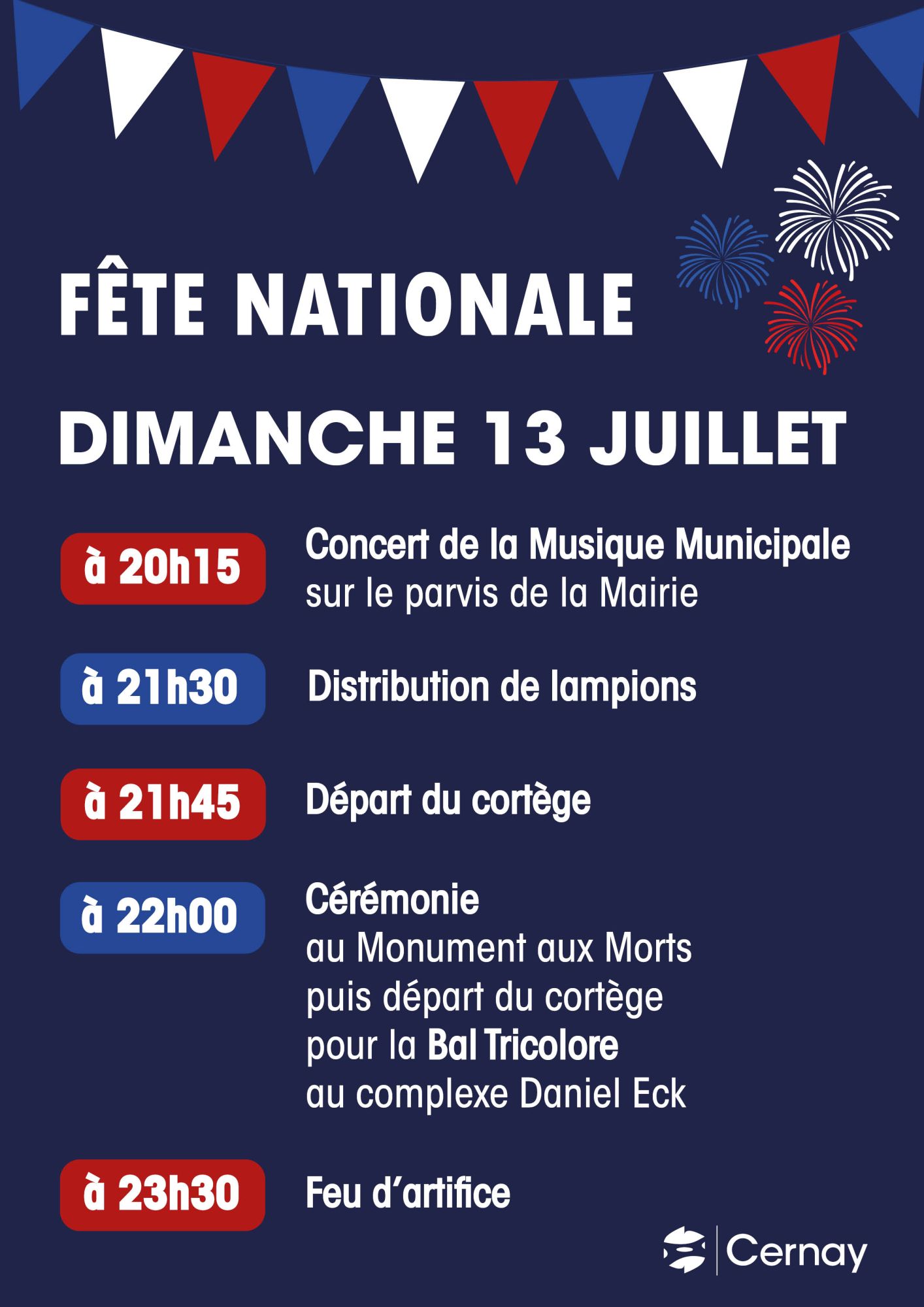 On y voit des drapeaux guirlandes bleu blanc rouge et un feu d'artifice