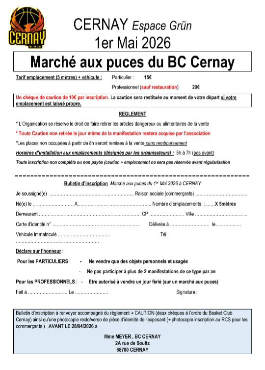 Fiche d'inscription march&eacute; aux puces du 01-05-26 - Basket club de Cernay