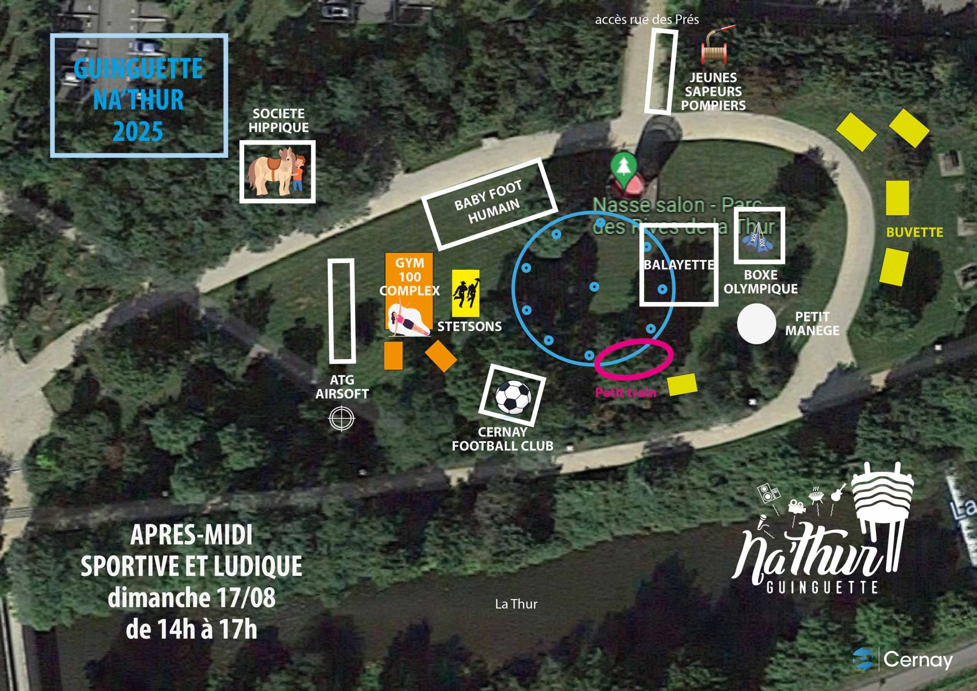 Plan des animations de l'après-midi ludique et sportive à la Guinguette Na'Thur le 17-08-25