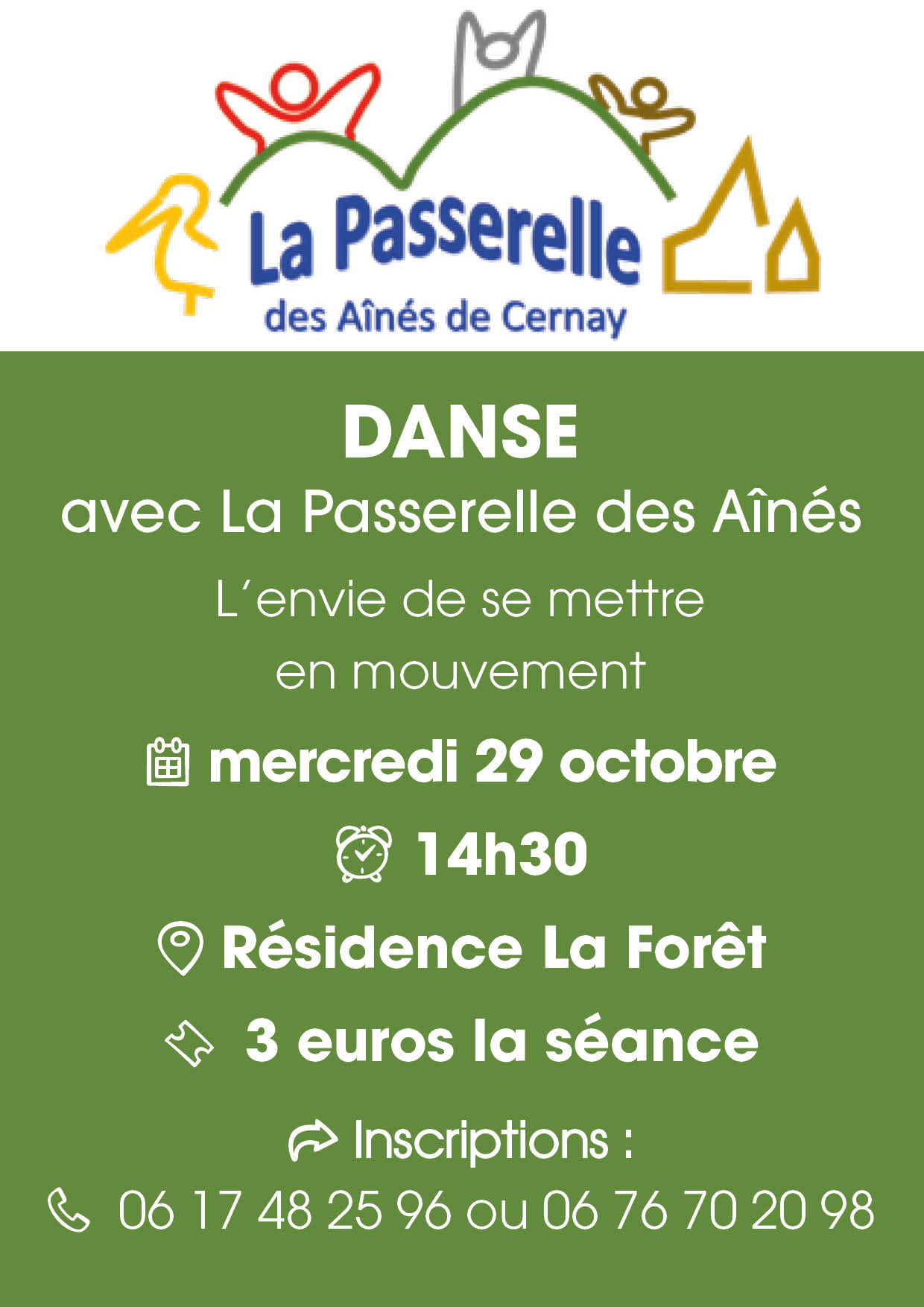 On y voit un logot avec des symboles des collines, une église, des personnages et une cigogne