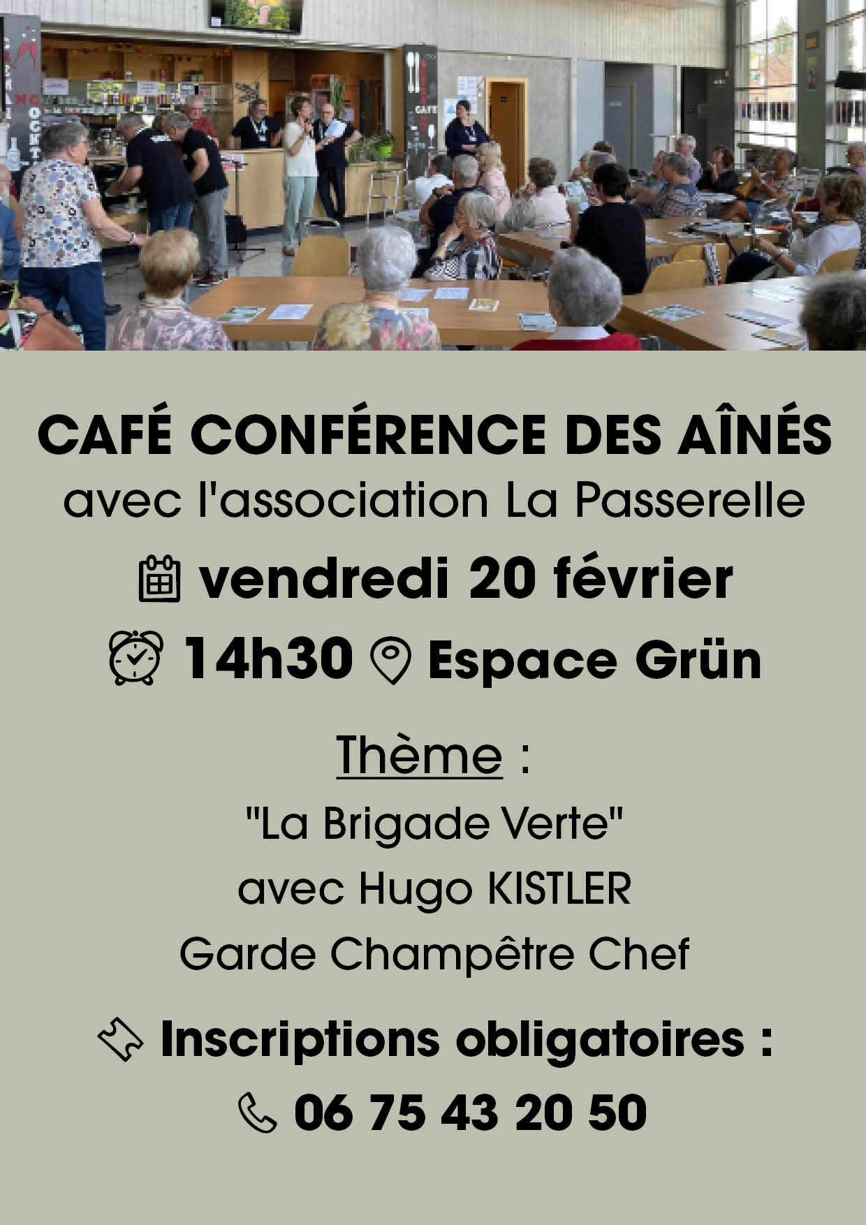 260220 - Café des aînés - La Passerelle - à l'Espace Grün de Cernay à 14h30 On y voit des personnes assises devant le bar de l'Espace Grün