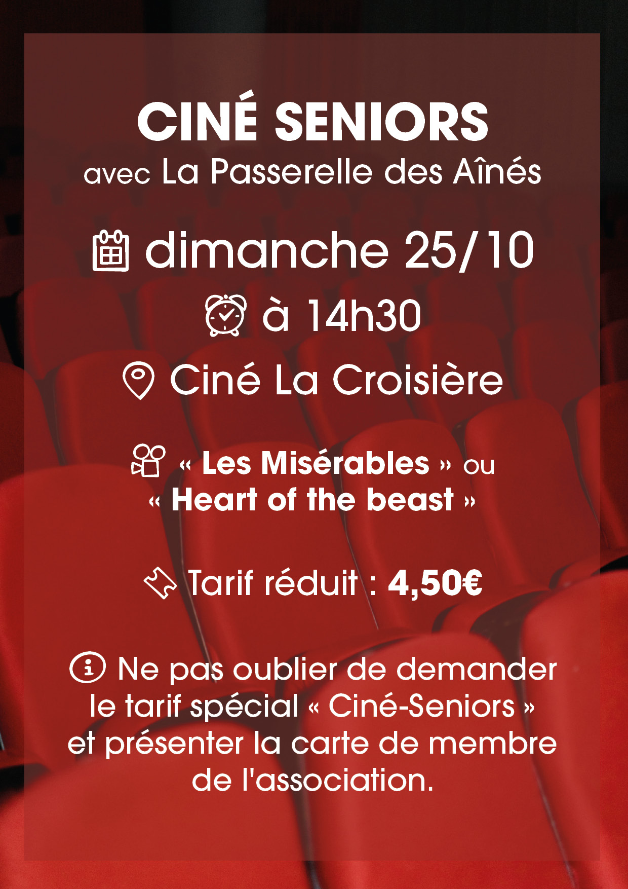 Ciné séniors avec La Passerelle des Aînés de Cernay le 25/10/26 à Cernay On y voit des fauteuils de cinéma rouge