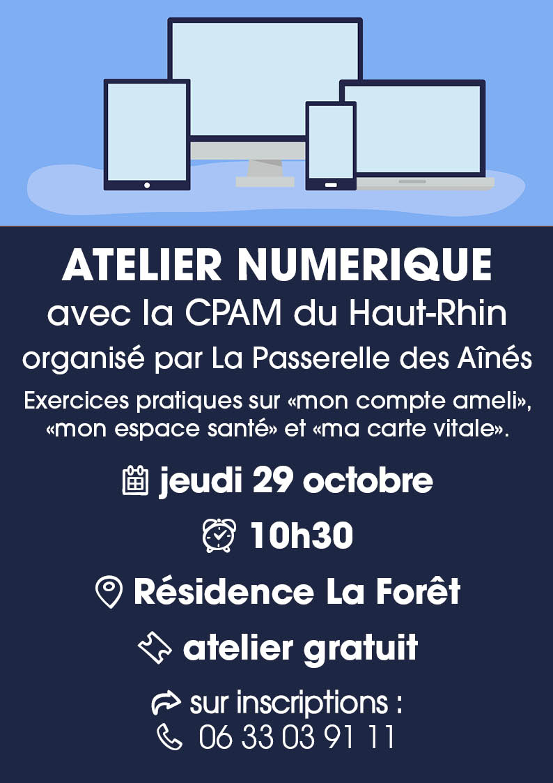Atelier numérique avec La Passerelle des Aînés de Cernay le 29-10-26 On y voit un ordinateur, une tablette et un smartphone.