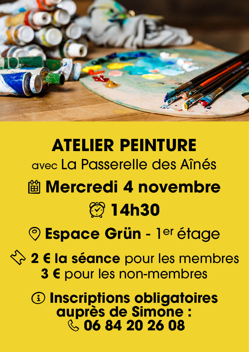 Atelier peinture avec La Passerelle des Aînnés le 04-11-26 à l'Espace Grün de Cernay On y voit des ustensiles de peintures d'artiste.
