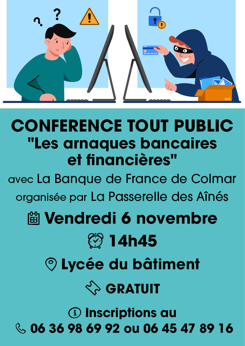 Conférence On y voit une personne derrière un ordinateur qui se posse des questions et un autre cagoulée avec une carte bancaire derrière un autre ordinateur