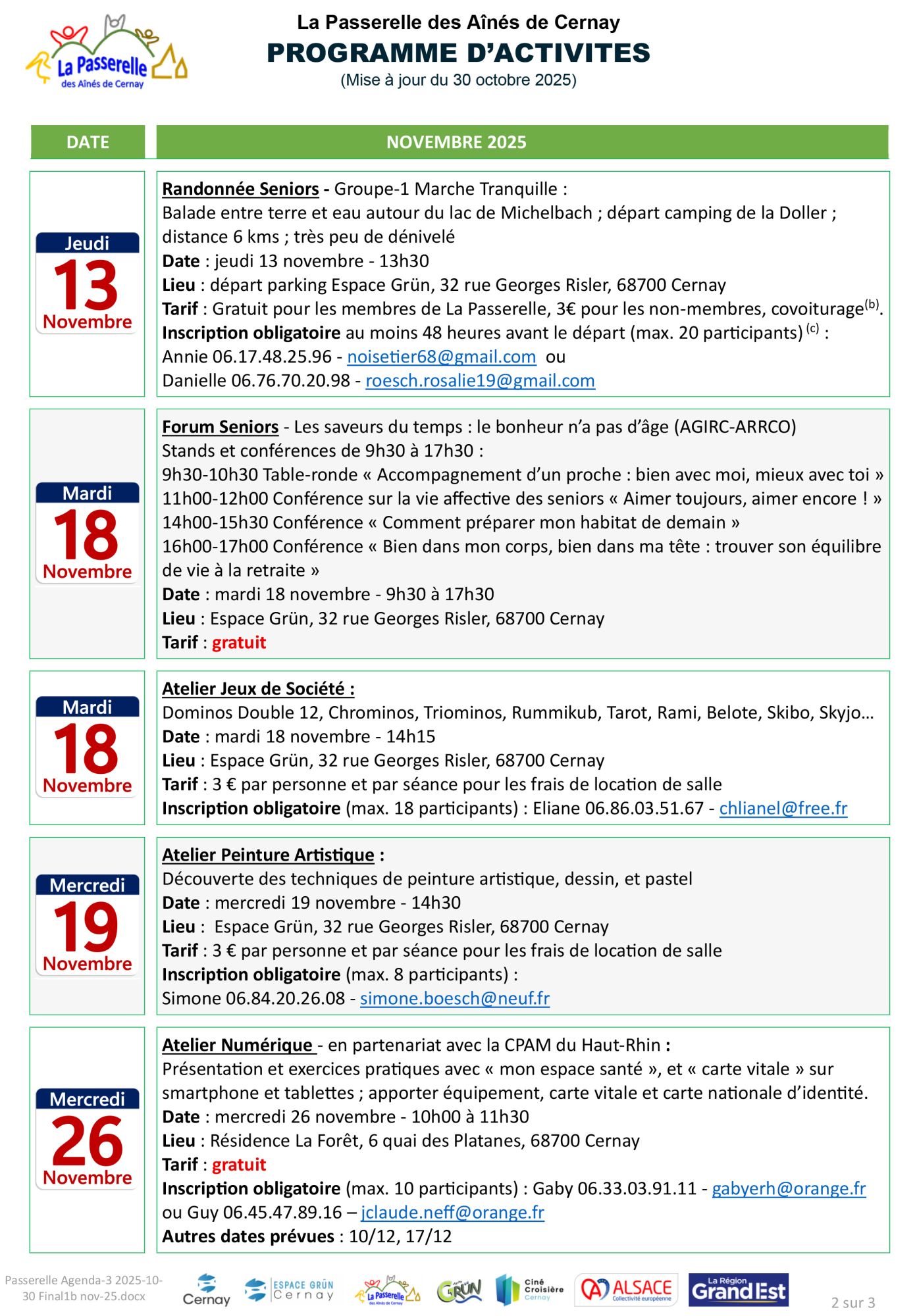 Programme de la Passerelle des Aînés novembre 2025