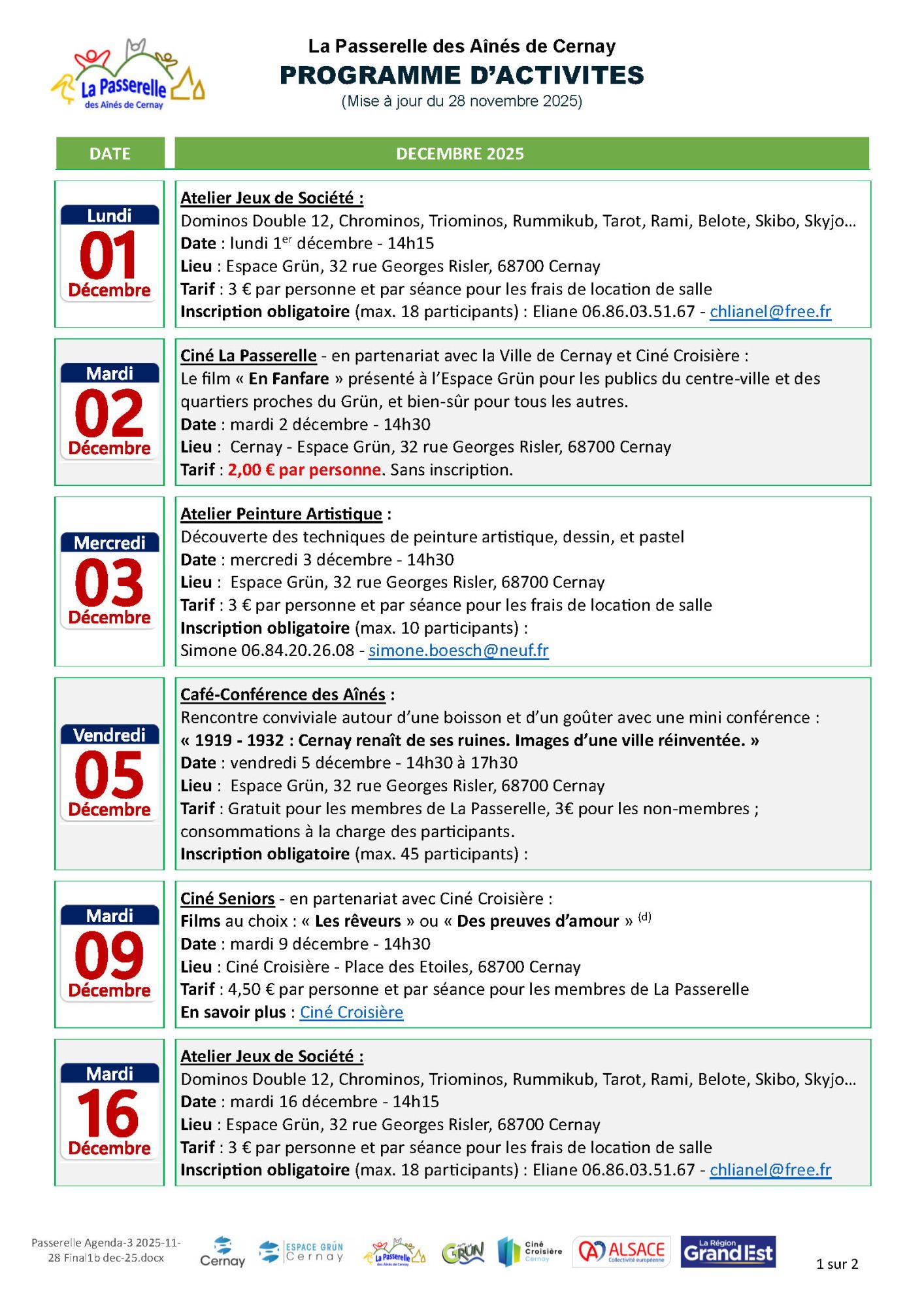 Programme de décembre de La Passerelle des Aînés On y voit le logo de La Passerelle des Aînés