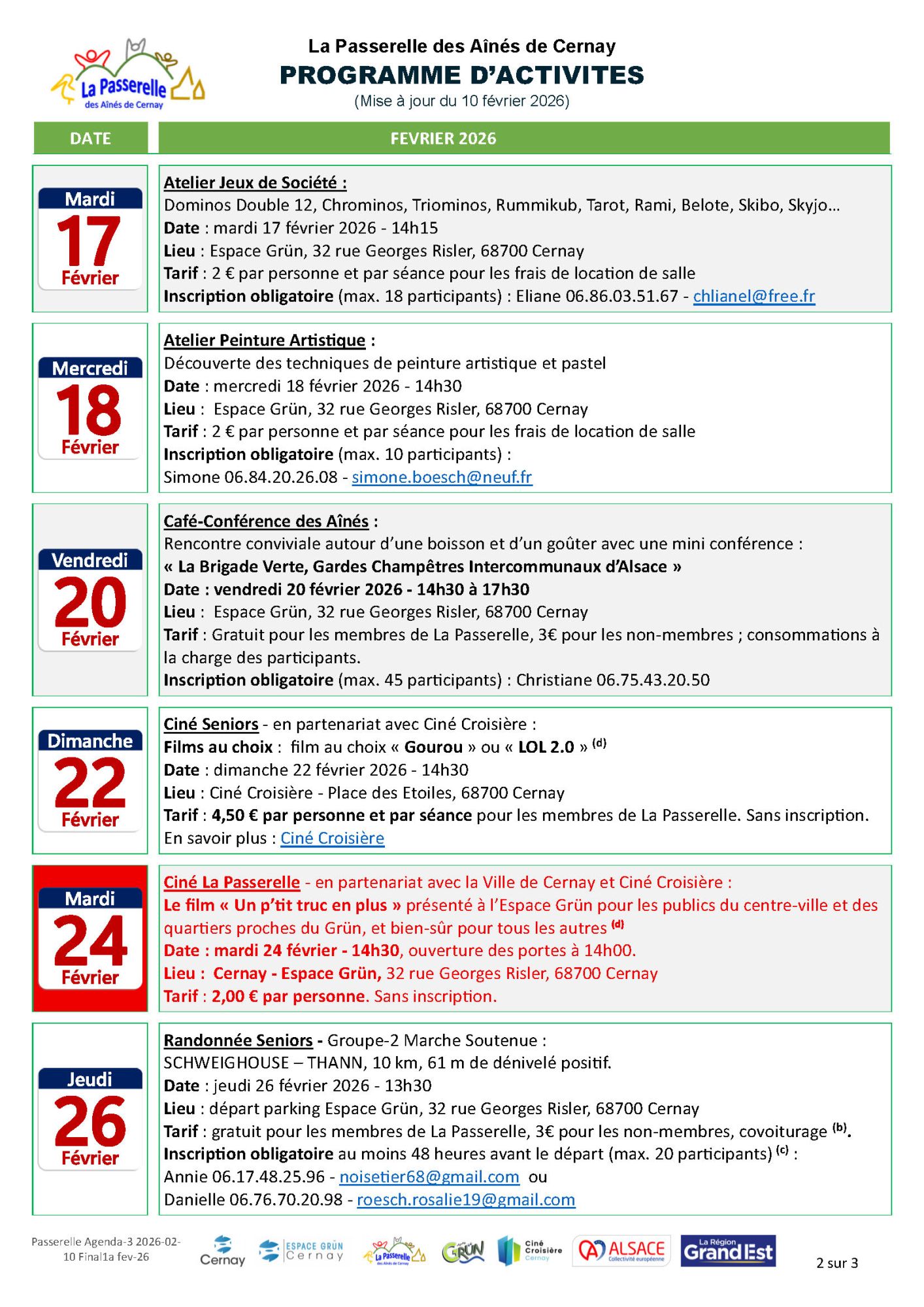 Programme des activités de La Passerelle des Aînés - février 2026 Programme des activités de La Passerelle des Aînés - février 2026