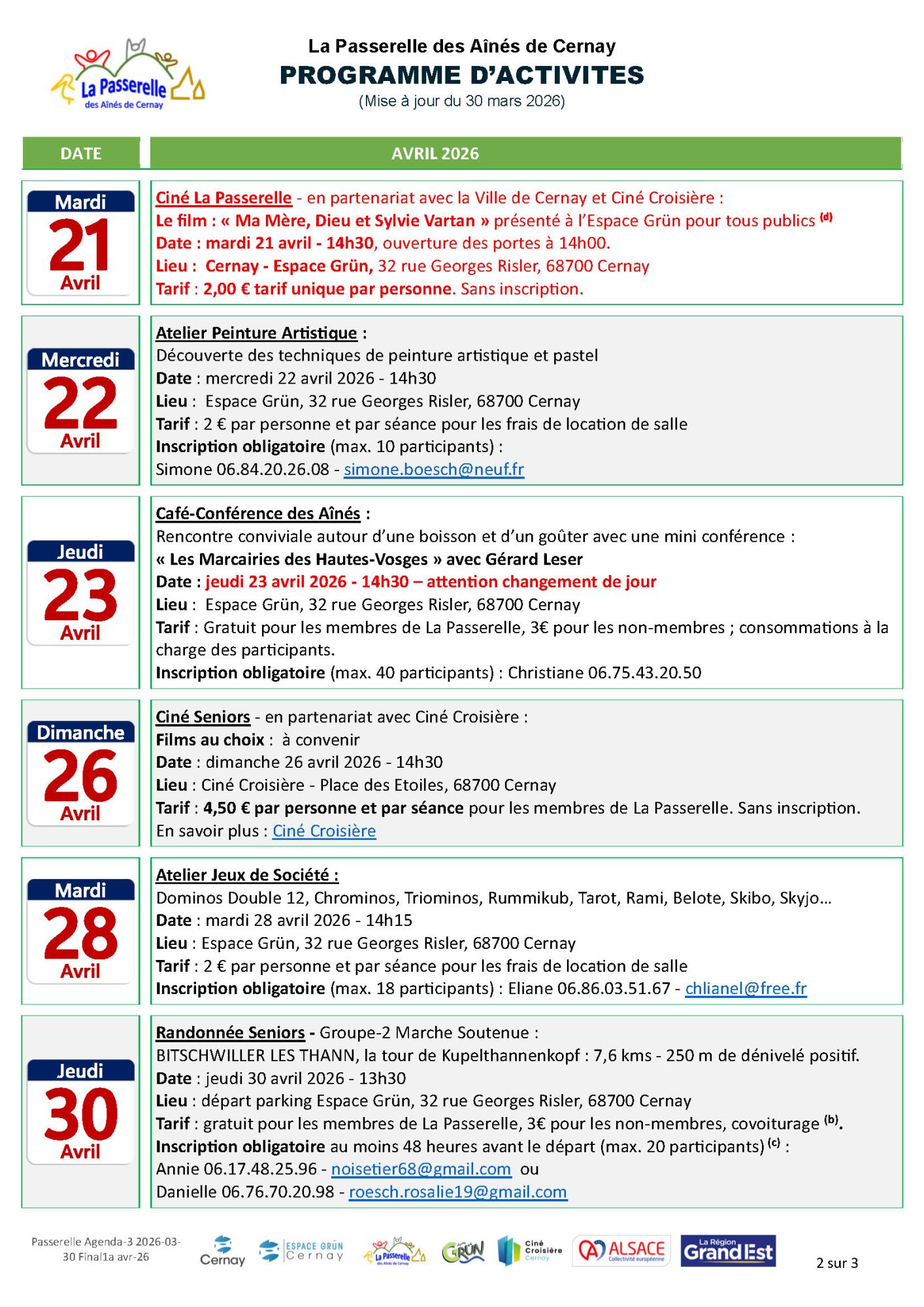 La Passerelle des A&icirc;n&eacute;s de Cernay - programme avril 2026