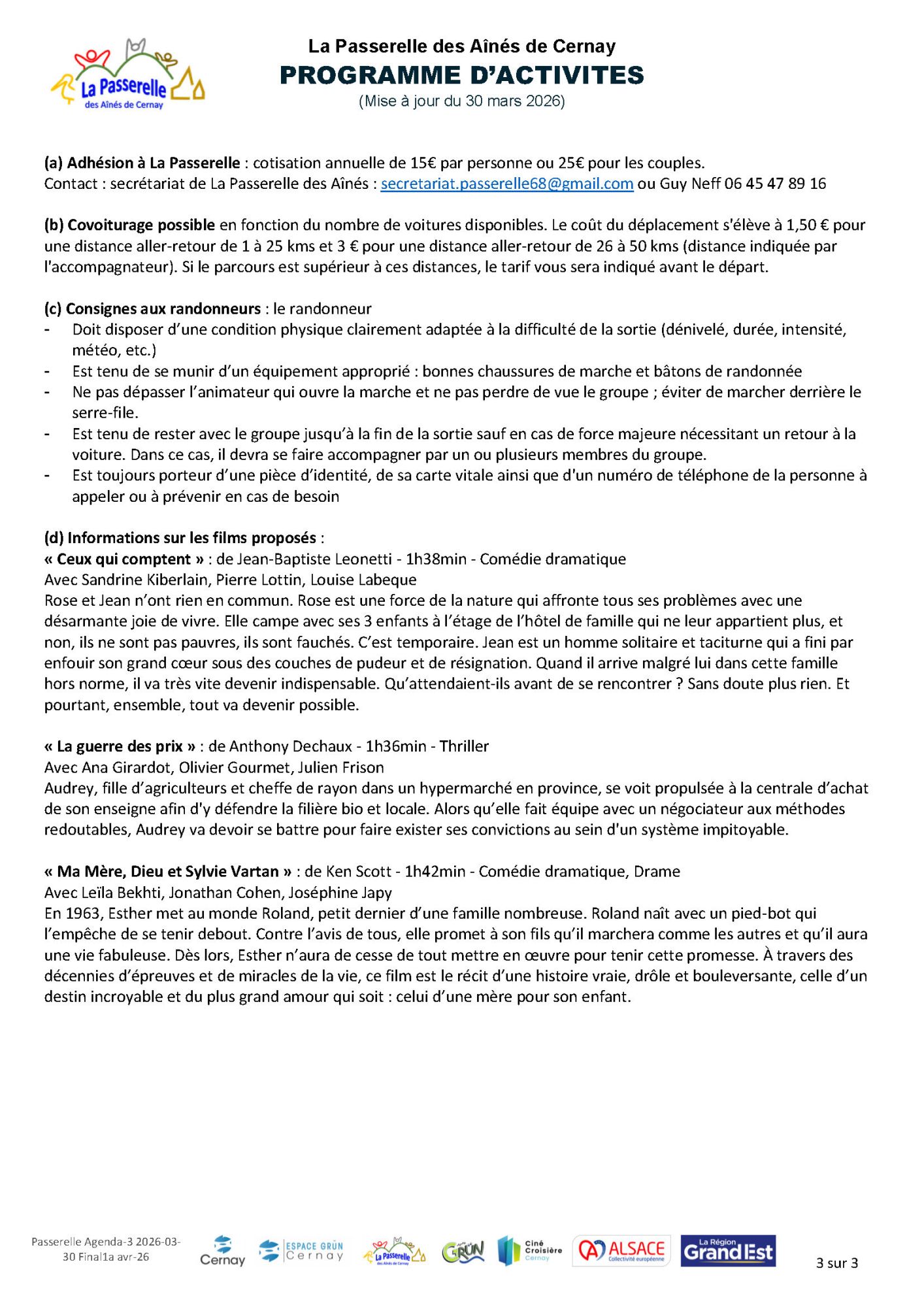 La Passerelle des A&icirc;n&eacute;s de Cernay - programme avril 2026