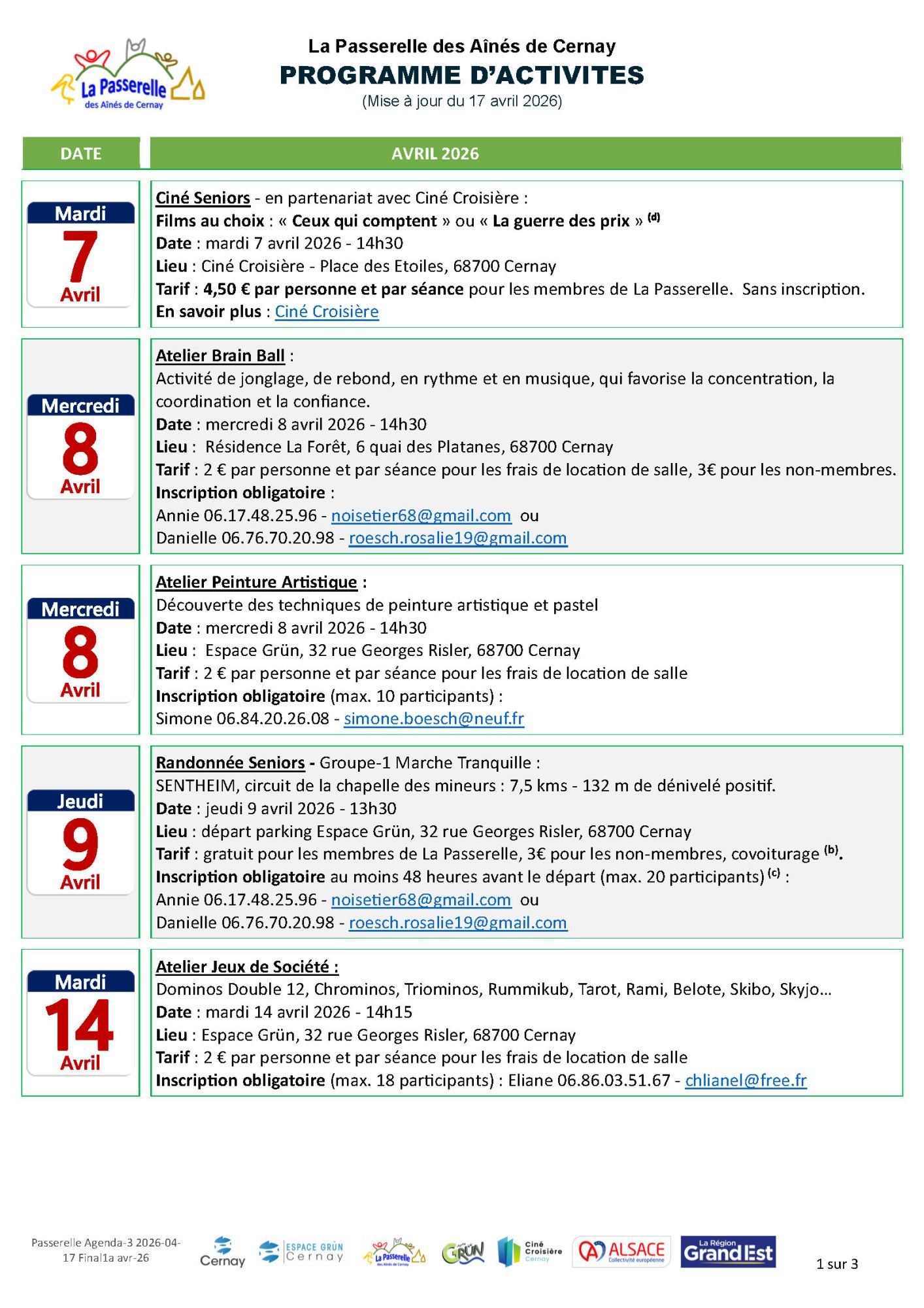 La Passerelle des A&icirc;n&eacute;s de Cernay - programme avril 2026