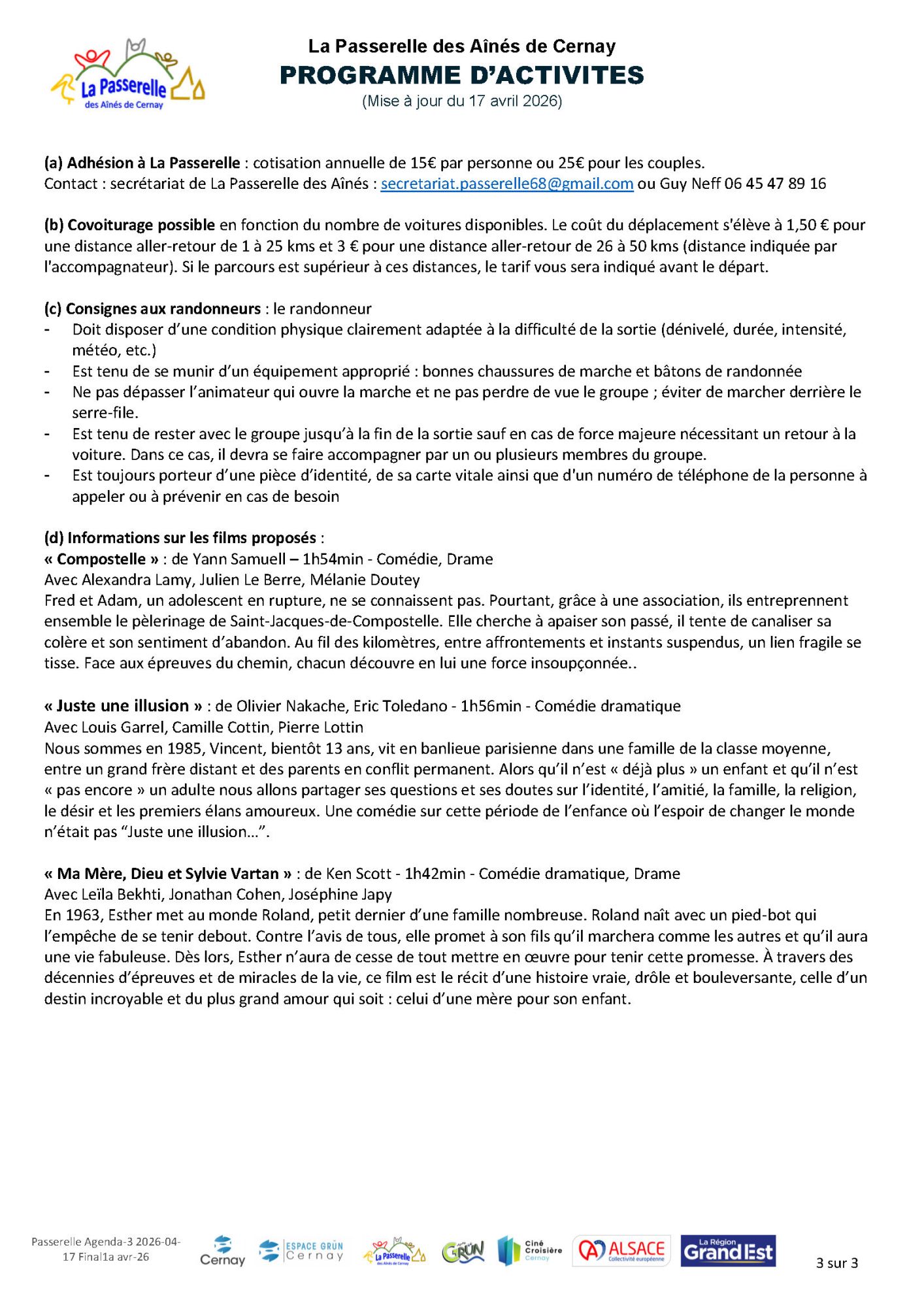 La Passerelle des A&icirc;n&eacute;s de Cernay - programme avril 2026