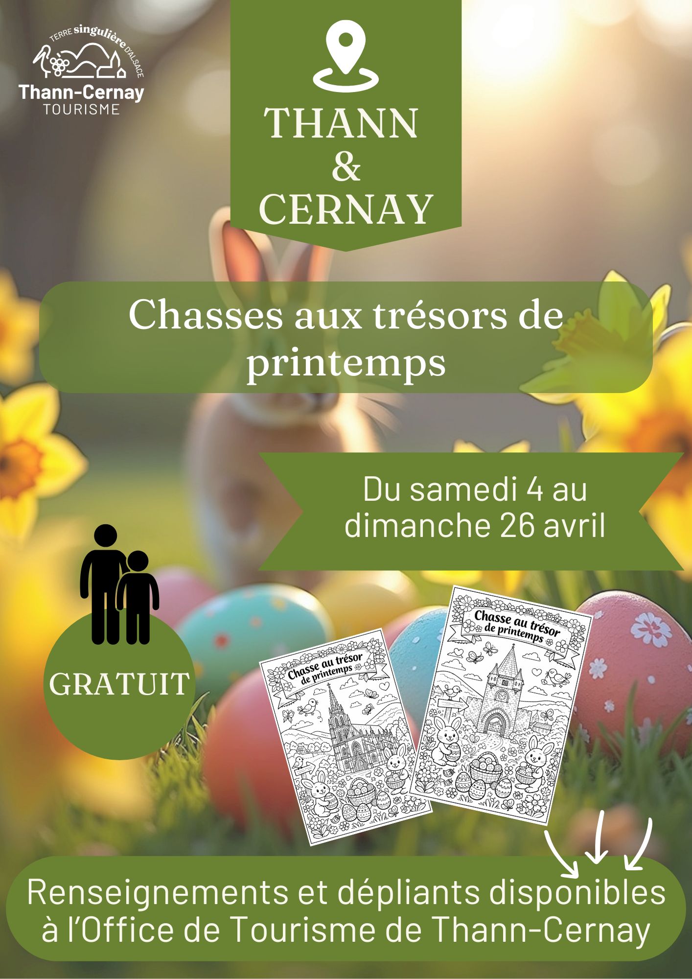 On y voit des jonquilles jaunes, des oeufs de P&acirc;ques color&eacute;s, un lapin de P&acirc;ques.