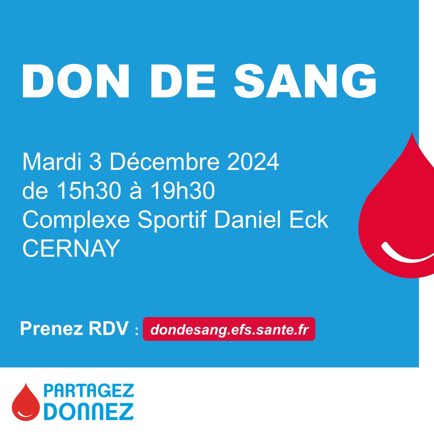 Promotion du don du sang à Cernay mardi 3 décembre au complexe sportif Daniel Eck de Cernay à 15h30