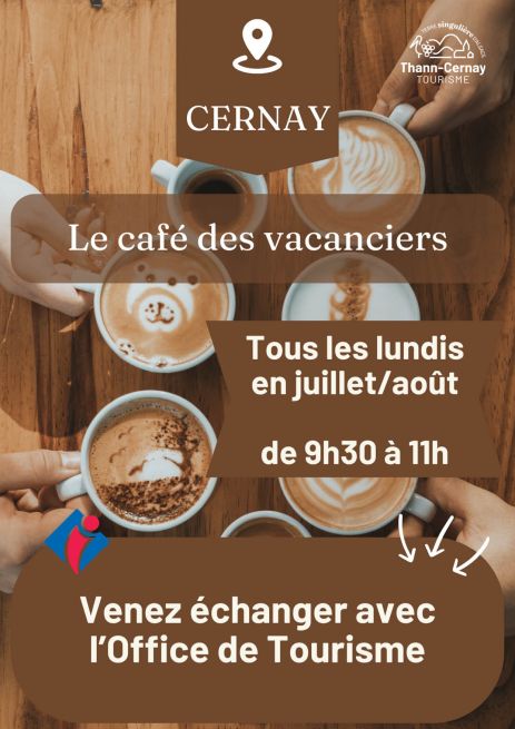 Les cafés vacanciers de l'Office du tourisme Thann Cernay On y voit des mains quyi tiennent différentes tasses de cafés.