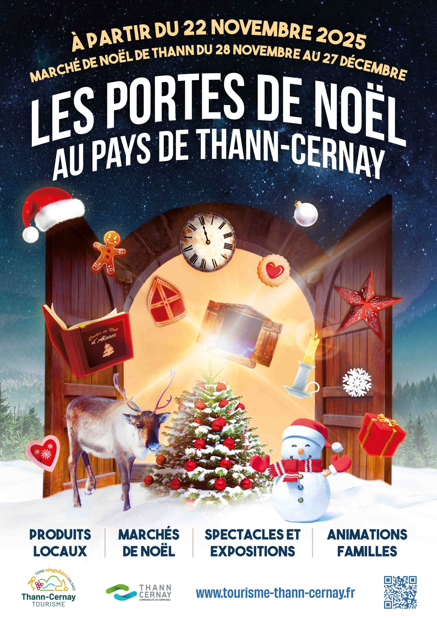LES PORTES DE NOEL AU PAYS DE THANN-CERNAY On y voit une porte en bois ouverte avec des objets de Noël qui sortent et en fond un paysage de Noël sous la neige