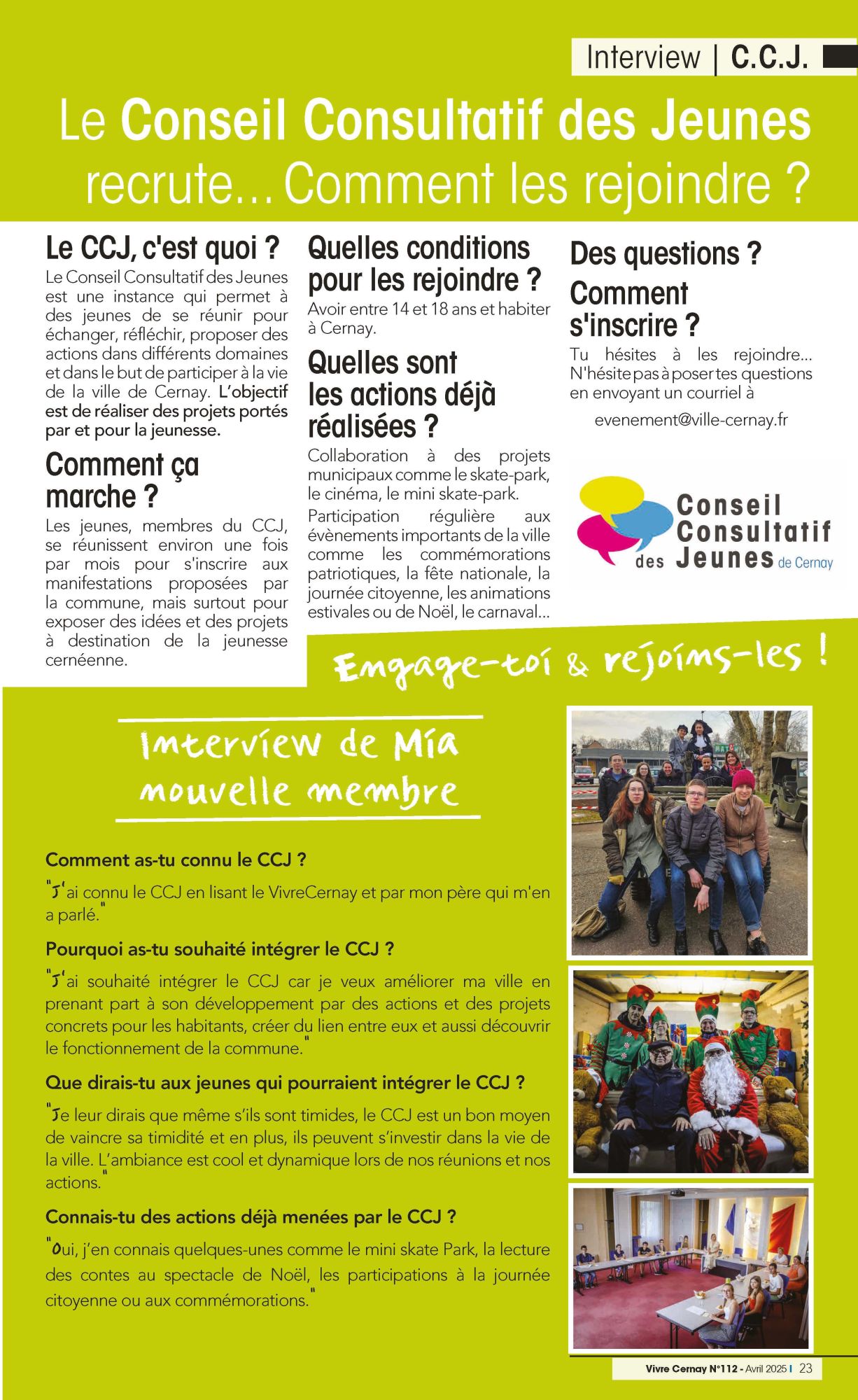 CCJ - ARTICLE BM - AVRIL 2025 - Photos des jeunes du CCJ lors des évènements de Noël avec le Père Noël et M. le Maire, dans une ancienne jeep lors du 80ème anniversaire de la Libération de Cernay et en réunion dans la salle du Conceil Municipal